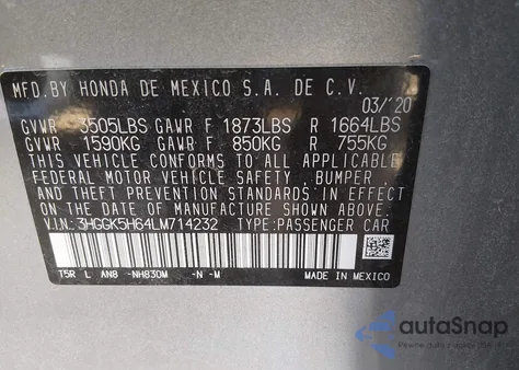 2020 Honda Fit Sport z USA, uszkodzony, nr VIN 3HGGK5H64LM714232